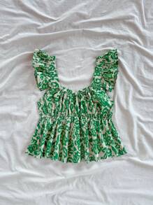 Soleia Women's All-Over Print Casual Vacation Green And White Cap Sleeve Blouse Spring Top