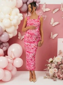 Loomaby Maternity Tight Printed Dress, Suitable For Baby Shower Party, Gender Reveal, Valentine's Day