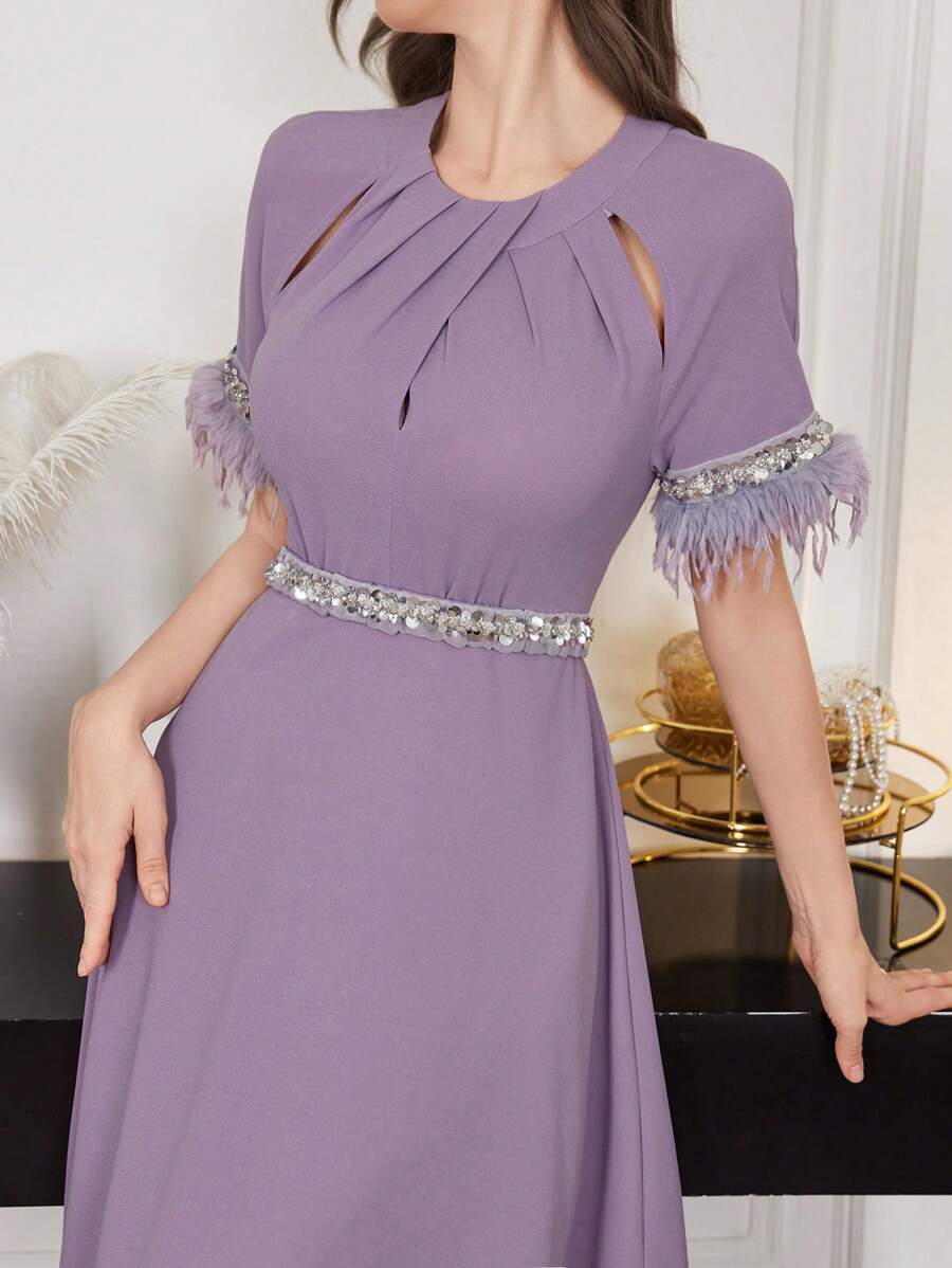 Modelyn 优雅奢华珍珠刺绣拼布女式连衣裙，青春洋溢