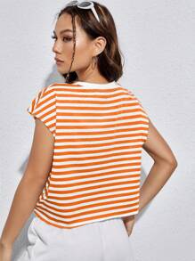 SHEIN EZwear Women's Orange And White Striped Summer Top: Casual Short Sleeve Tee - Orange - View 2