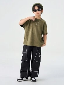 SHEIN 青少年春夏时尚抽绳腰休闲翻盖口袋工装裤，街头风长款宽松黑色裤子 - 黑色 - 查看 4