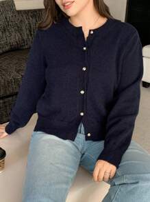 Dazy Petite Plus Solid Color Crew Neck Sweater Fitted Cardigan Jacket In Navy, Spring/Summer/Autumn