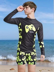 SHEIN Tween Boy' Round Neck Long Sleeve Printed Casual Swimwear Summer Holiday