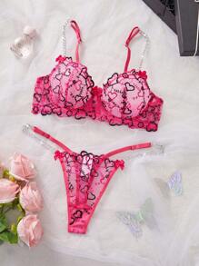 2pcs Women's Embroidered Heart Design Chain Detail Bra And Panty Lingerie Set - Hot Pink - View 4