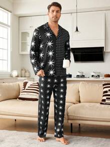 CoupledUp Men's Front Button Long Sleeve Printed Simple Lounge Top And Pants Set - Multicolor - View 6