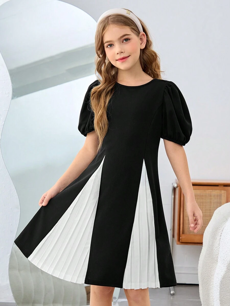 Vestido modesto sin mangas de niña preadolescente con bloqueo de color y parches elegantes