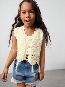 Maija Kids Maija Kids Spring/Summer Young Girl's Solid Apricot Hollow Out Crochet Sleeveless Floral Hem Casual Knit Short Cardigan, Versatile For Outdoor, Beach,