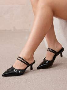 CUCCOO CURVES Plus Size Wide Width Pointed Toe High Heel Pumps, Elegant Black PU Hollow Out Side Buckle Sandals, Suitable For All Seasons Valentine's Day - Black - View 7