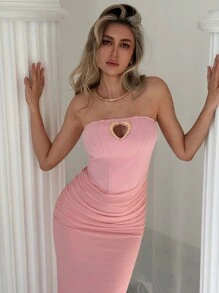 Aloruh Pink Contrast Material Patchwork Strapless Fish Bone Seam Heart Rhinestone Decor Bodycon Dress For Women - Baby Pink - View 6