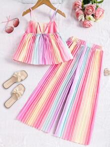 2pcs Tween Girl Ombre Color Spaghetti Strap Jumpsuit Set, Suitable For Holiday And Leisure Wear,Holiday,Summer,Travel - Multicolor - View 2