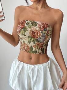 SHEIN PETITE Floral Print Backless Crossed Bandeau Top Y2K - Khaki - View 2