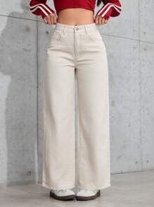 SHEIN PETITE Jeans rectos de color liso casual y sencillo - Albaricoque - Ver 1