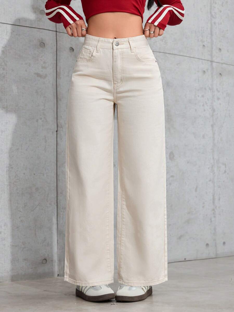SHEIN PETITE Jeans rectos de color liso casual y sencillo - Albaricoque - Ver 1