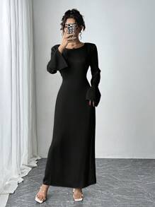 Siren Gaze Váy dài bằng vải satin màu trơn, cổ tròn đơn giản và thời trang, tay chuông bằng vải satin, váy dạ hội buộc dây và bó sát, váy gợi cảm, váy dài nữ, váy ngày lễ thanh lịch màu mơ, váy lễ tạ ơn, váy dự tiệc ngày lễ nữ, váy đêm giao thừa - màu đen - Xem 6
