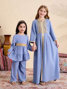 Tween Girl Casual Floral Trim Ribbons Long Dress - Blue - View 3