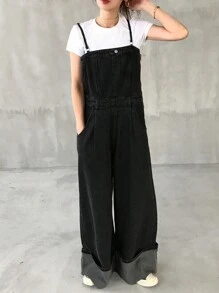 FRIFUL Damen Lässig Jeans-Latzhose mit verstellbaren Spaghettiträgern, Knopfleiste und Taschen - Grau - Übersicht 5