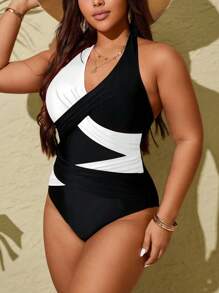 SHEIN Slayr CURVE Plus Size Women Color Block Elegant Halter One-Piece Casual Swimsuit For Vacation, For Summer Beach