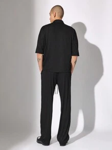 SUMWON Ribbed Knit Coordinated Set Premium Streetwear Oversized Button-Down Shirt Regular Fit Pants Loungewear Urban Fashion Modern Minimal Design Co-Ord Matching Set All-Season Comfort - Black - View 2