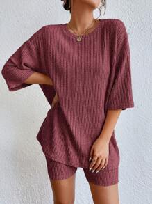 SHEIN Frenchy Women Solid Color Round Neck Short Sleeve Minimalist Top And Shorts Set Casual Two Pieces Set Knitted Two Pieces Outfit Casual Sets For Women Women Casual Sets Women Outfit Sets Christmas Summer New Year Red Burgundy Valentine's Day - Burgundy - View 5