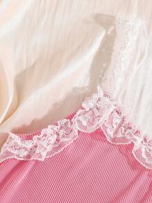 2 件套少女粉色碎花蕾丝花边吊带背心和短裤舒适家居服套装 - 粉色 - 查看 7