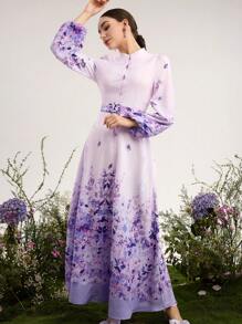 Graceveil Stand-Collar Print Dress With Belt