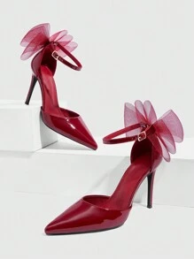 CUCCOO SZL Burgundy Patent Leather Point Toe Bowknot Ankle Strap High Heel Pumps, Fashion Office Lady, Date, Party, Festival, Holiday, Wedding Spring Shoes Spring Break Easter Prom Heels - Burgundy - View 11