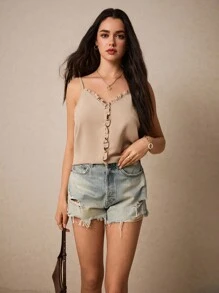 Poéselle Parte superior de tirantes finos con botones y ribete de volantes, top informal de verano para mujer