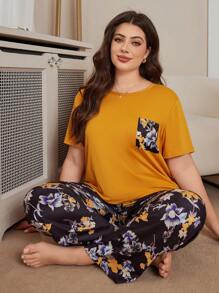 Plus Size Yellow Crew Neck Short Sleeve Pocket Top And Printed Pants Pajama Set, Outfits - Yellow - View 5