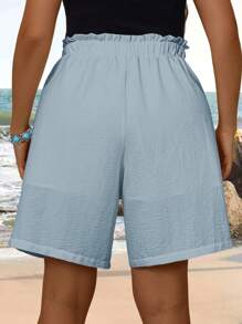 EMERY ROSE Plus Size Women's Summer White Doubledeck Paper Bag Waist Double Pocket Bandage Comfy Shorts,Vacation Outfits Woman,Boho For Women,Summer Outfits For Women/Summer - Baby Blue - View 2