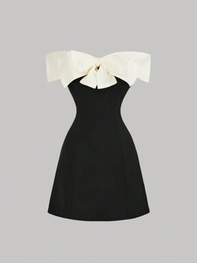 SHEIN MOD Women's Open Shoulder Contrast Bowknot Short Dress, Black Cocktail Dress For Party, Black Homecoming Dress, Elegant Women Dresses, Black Mini Dress, , Spring/Summer Outfit, Wedding Guest Dress For Women, Birthday Dress, Elegant Dresses, Suitable For Commuting And Daily Wear, Date Night Outfit Curve, Dinner Outfit For Women