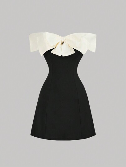 SHEIN MOD Robe courte à épaules dégagées avec nœud papillon contrasté pour femmes, robe de cocktail noire pour fête, robe de retour à la maison noire, robes élégantes pour femmes, mini-robe noire