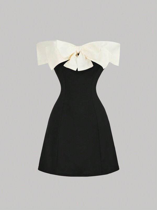 SHEIN MOD Women's Open Shoulder Contrast Bowknot Short Dress, Black Cocktail Dress For Party,Black Homecoming Dress,Elegant Women Dresses,Black Mini Dress