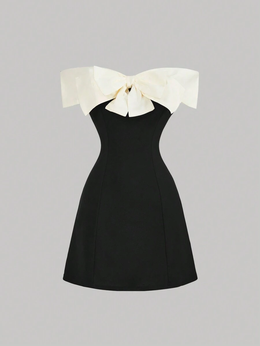 SHEIN MOD 女士露肩撞色蝴蝶结短裙、派对黑色鸡尾酒会礼服、黑色返校节礼服、优雅女士礼服、黑色迷你连衣裙 - 黑與白 - 查看 1