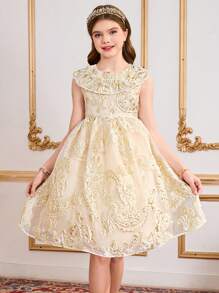 Girls' Ruffles Embroidered Organza Princess Dress, Elegant Formal Party Dress, Tween Girl Princess Costume - Gold - View 3
