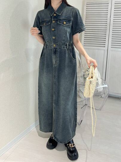 FRIFUL 女士长款收腰破洞牛仔连衣裙吊带裙长款连衣裙