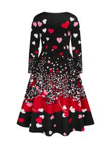 SHEIN LUNE Plus Size Women's Valentine's Day V-Neck Heart Print Long Sleeve Dress