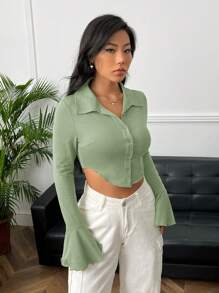 Muchica Women's Solid Color Front Button Long Sleeve Casual Cropped Knit Shirt - Mint Green - View 5