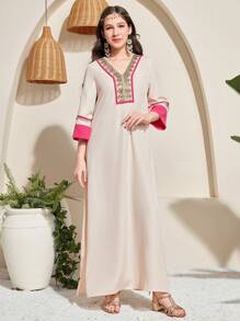 SHEIN Teen Girls Loose V-Neck Color Block Floral Lace Trim Dress, Pink And Apricot, Suitable For Spring/Summer Holiday,Fringe - Apricot - View 4