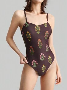 Ontre 女士花卉复古印花细肩带休闲连体泳衣，简约合身