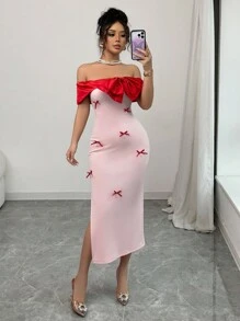 Rafferiza Robe midi ajustée avec épaules dénudées, nœud décoratif et fente latérale, dans un style blocs de couleurs élégant, parfaite pour la Saint-Valentin