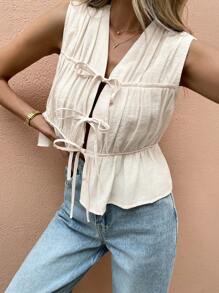 SHEIN Frenchy Women Solid Color Pleated Front Tie Sleeveless Shirt Summer Casual - Apricot - View 7