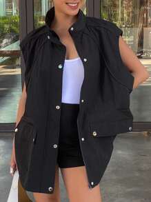 Livesso Women's Plain Front Button Sleeveless Pocket Simple Casual Jacket For Everyday Wear,Fall Clothes