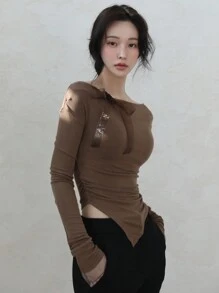 DAZY Women's Off Shoulder Asymmetrical Hemline Organza Bow T-Shirt Long Sleeve Women Tops,Fall Women Clothes - Brown - View 2