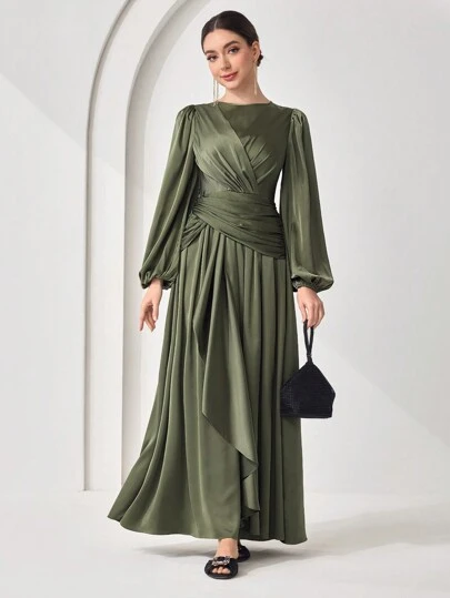 Veilorie Women Solid Color Round Neck Lantern Sleeve Waist Cross Abaya Dress,Modest