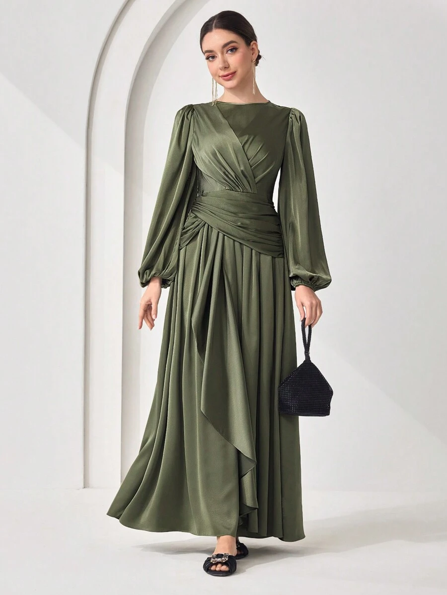 Veilorie Đầm Abaya cổ tròn tay đèn lồng màu trơn cho nữ, kín đáo - màu xanh lá - Xem 1