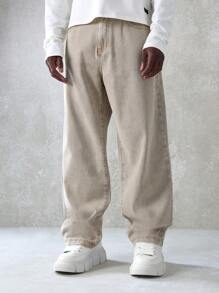SUMWON 溜冰者版型设计师牛仔裤宽松阔腿休闲牛仔裤经典休闲街头风四季舒适棉质时尚长裤 - 卡其色 - 查看 1