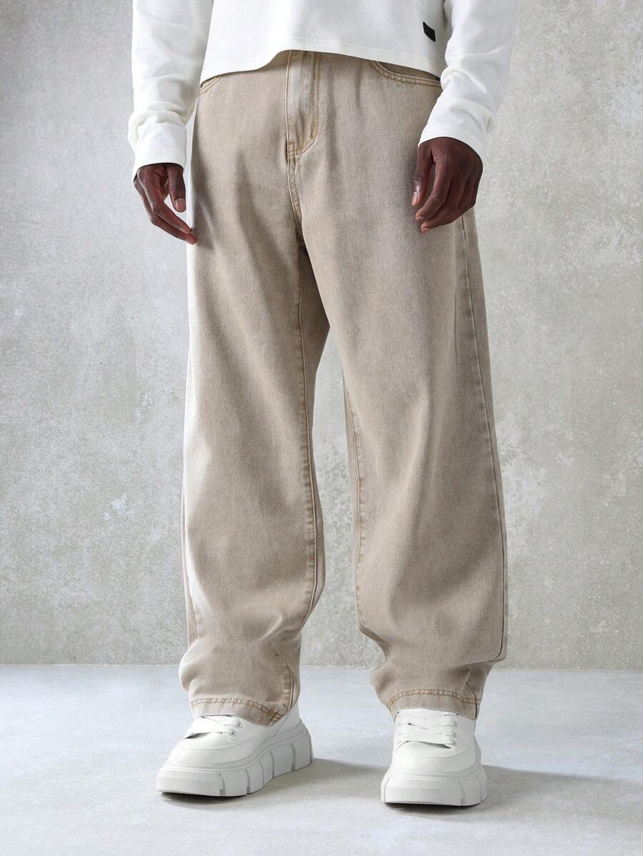 SUMWON 溜冰者版型设计师牛仔裤宽松阔腿休闲牛仔裤经典休闲街头风四季舒适棉质时尚长裤 - 卡其色 - 查看 1