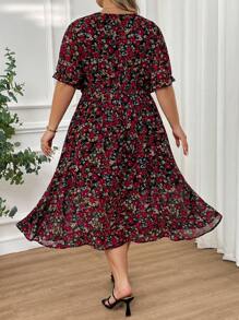 SHEIN CURVE+ Large Print Tie Collar And Waistband Summer Dress, Vacation Dress Boho Vacation