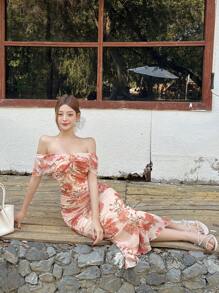 DAZY 1pc Women's Casual Midi Dress, Minimalist & Fashionable For Everyday Wear Summer Floral Cruise Women Outfits Sundress Off Shoulder Top