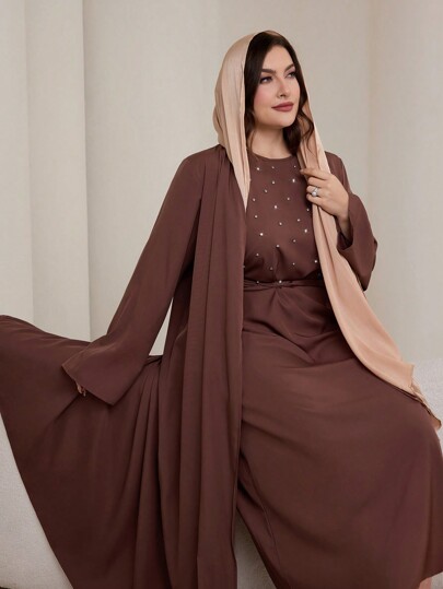 Graceveil Plus Size Women's Studded Tie Wrap Dress And Long Sleeve Modest Robe Abaya Set